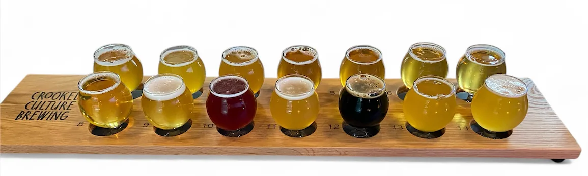 Long wooden beer flight engraved for Crooked Culture Brewing