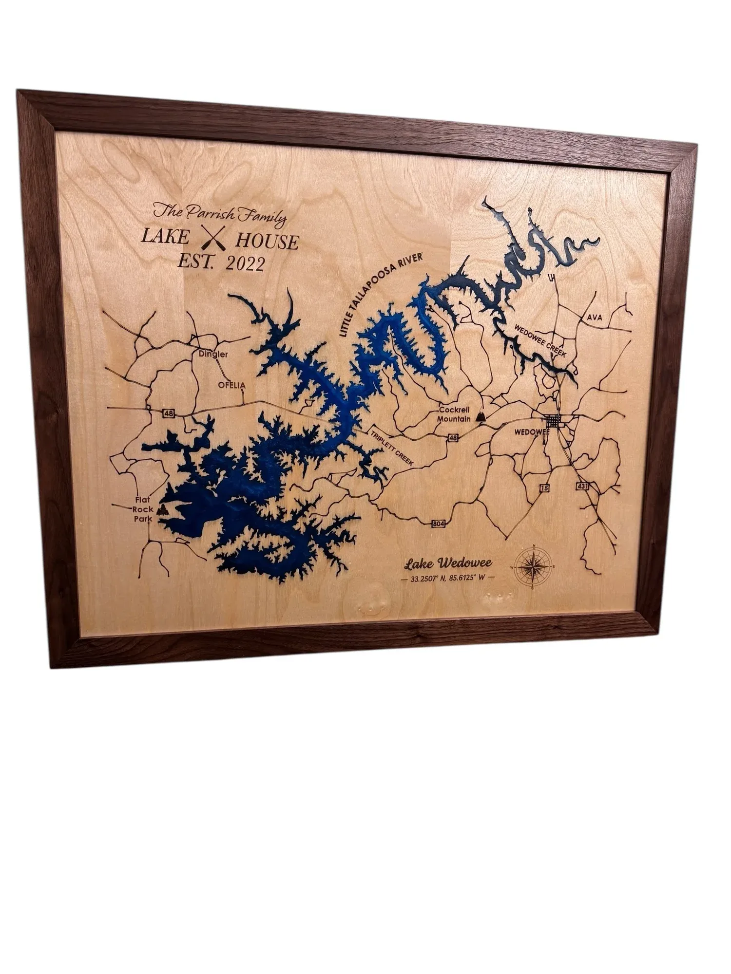 Framed wooden map of Lake Wedowee with roads and creeks