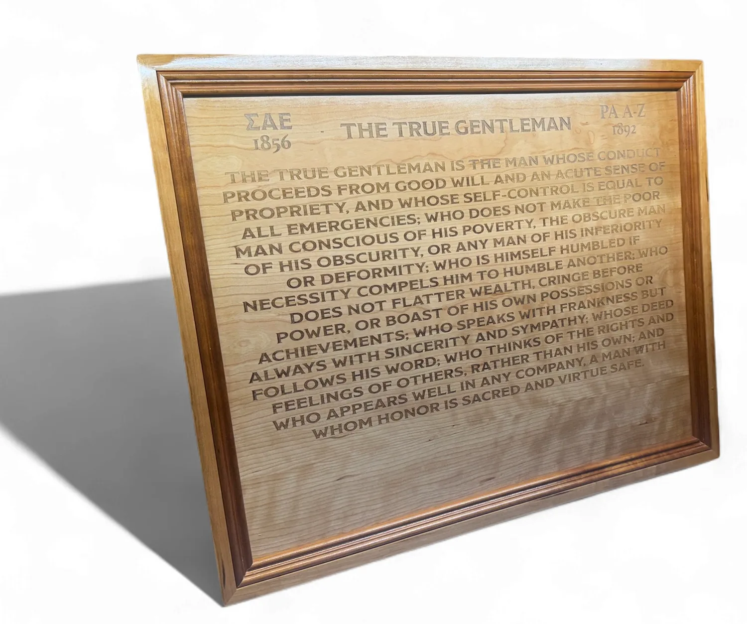 Large engraved True Gentleman plaque made from cherry wood